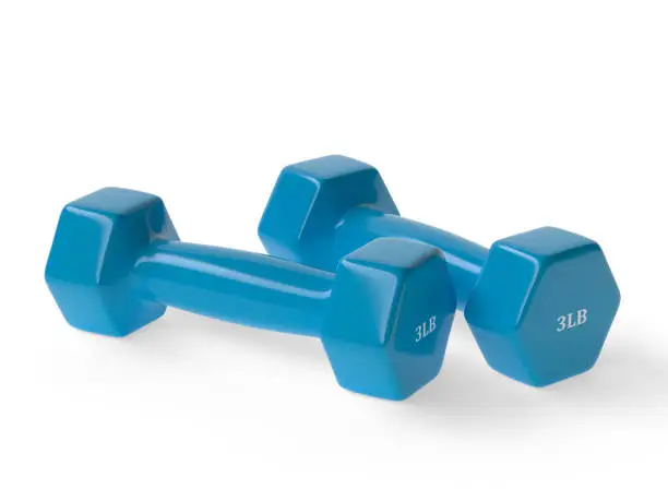 Photo of two blue dumbbells for fitness and sports - 3LB - 3d illustration - rendering