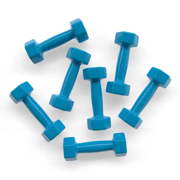 Photo of seven blue dumbbells for fitness and sports - 3LB - 3d illustration - rendering