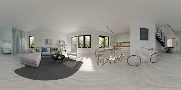 istock Spherical 360 panorama projection Scandinavian style interior design 3D rendering 970409360