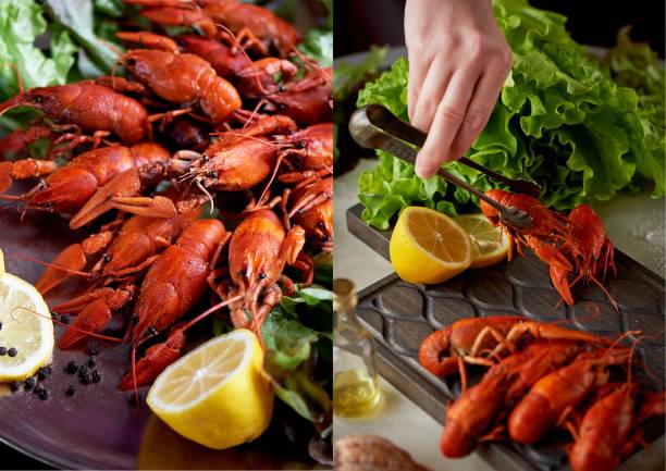 istock Boiled crayfish lie on a platter. Seafood. Nutritious and healthy dinner.Collage 970418304