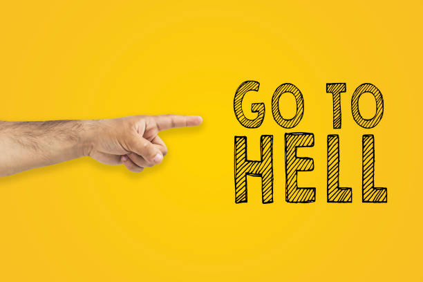 istock Hand gesture with index finger next to inscription: go to hell 970421076