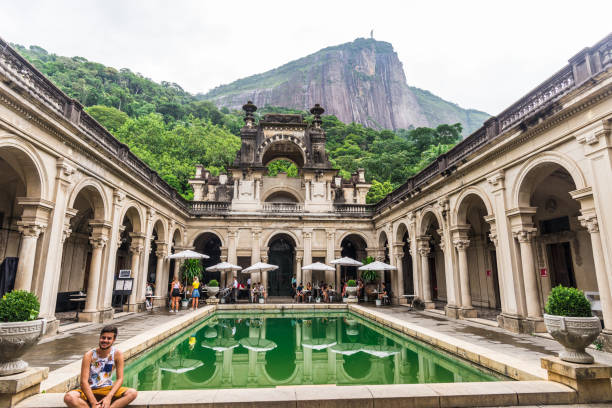 Famous mansion building in Parque Lage in Jardim Botanico neighborhood of Rio de Janeiro stock photo