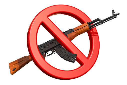 Assault rifle with forbidden sign, 3D rendering isolated on white background
