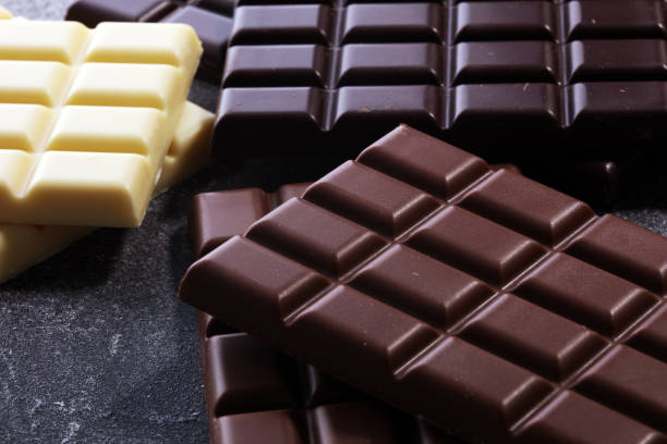 istock chocolate in diffrent color. milk, dark and white chocolate bars 970457400