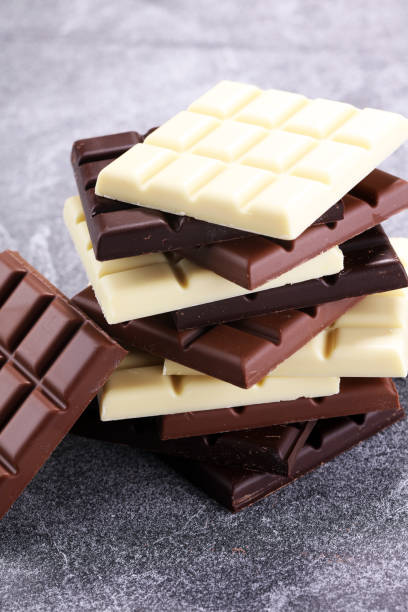 istock chocolate in diffrent color. milk, dark and white chocolate bars 970459524