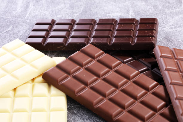 istock chocolate in diffrent color. milk, dark and white chocolate bars 970459576