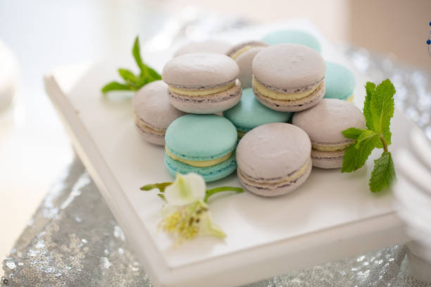 istock Multicolored macaroons and fresh mint closeup on a platter. 970460354