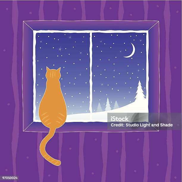 Gato Olhando Para A Janela - Arte vetorial de stock e mais imagens de Inverno - Inverno, Abeto, Animal