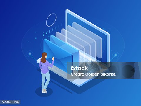 istock Isometric message online chat social text concept. Business woman holding smartphone with emails. Vector illustration 970504396