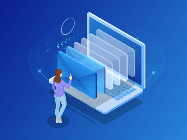 Isometric message online chat social text concept. Business woman holding smartphone with emails. Vector illustration Isometric message online chat social text concept. Business woman holding smartphone with emails. Vector illustration. writing email stock illustrations
