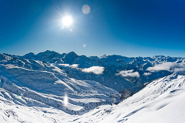 Panorama of winter mountains, Ski resort in French alps