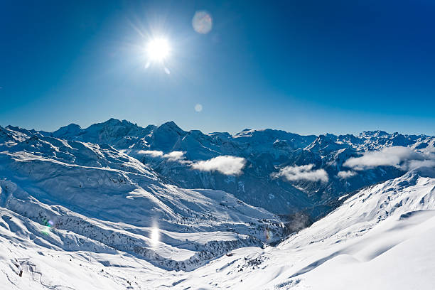 A panorama of winter mountains Panorama of winter mountains, Ski resort in French alps la plagne photos stock pictures, royalty-free photos & images