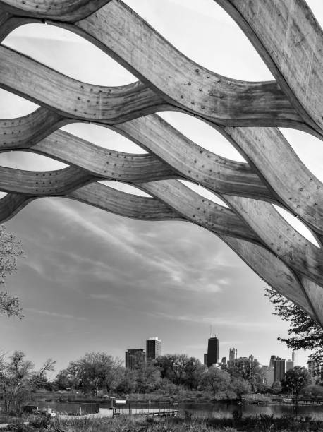 LINCOLN PARK, CHICAGO-May 24, 2018. Chicago's cityscape from Lincoln Park's Nature Boardwalk. Black & White.