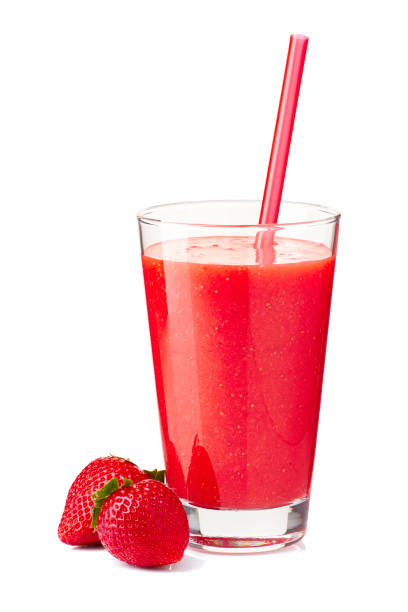 istock Glass with strawberry smoothie and drink straw on white 970515492