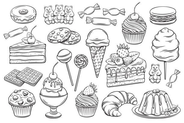 ilustraciones, imágenes clip art, dibujos animados e iconos de stock de iconos de confitería y dulces - pastel