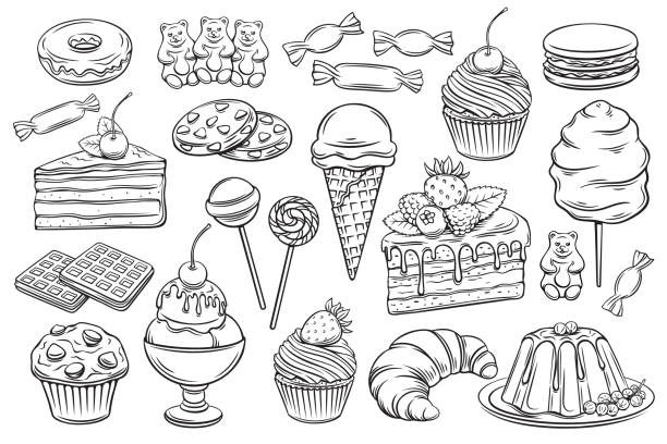 confectionery and sweets icons Vector hand drawn set confectionery and sweets icons. Dessert, lollipop, ice cream with candies, macaron and pudding. Donut and cotton candy, muffin, waffles, biscuits and jelly. Sketch illustration. cake stock illustrations