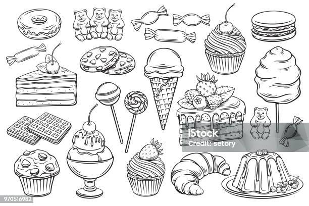 Confectionery And Sweets Icons Stock Illustration - Download Image Now - Dessert - Sweet Food, Drawing - Art Product, Illustration
