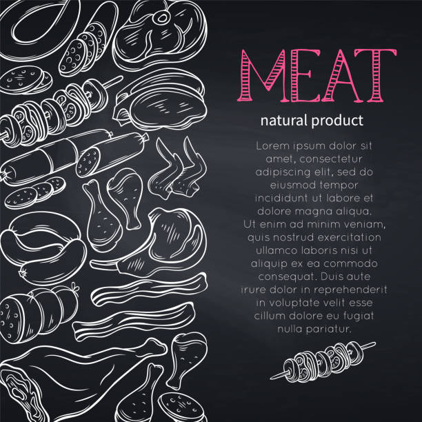 ilustraciones, imágenes clip art, dibujos animados e iconos de stock de bosquejo de gastronomía carne - 3498
