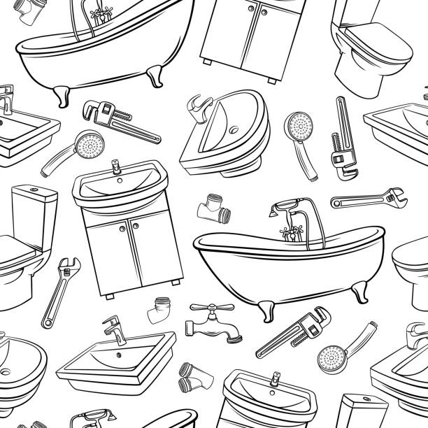 sanitär-nahtloses muster - sink toilet bathtub installing stock-grafiken, -clipart, -cartoons und -symbole