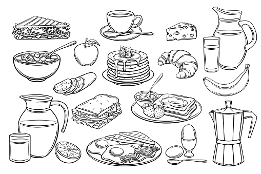 Vector hand drawn set breakfast icons. Jug of milk, coffee pot, cup, juice, sandwich and fried eggs. Pancakes, toast with jam, croissant, cheese and flakes with milk for design market product.