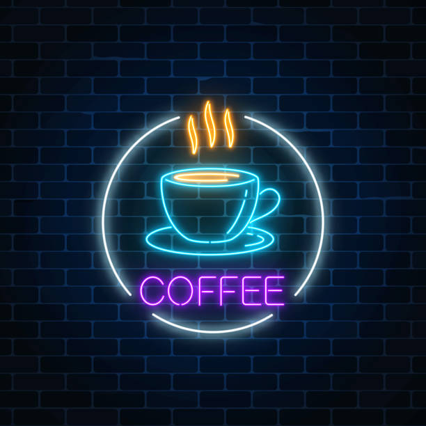 istock Neon glowing sign of hot coffee cup in circle frame on a dark brick wall background. Fastfood light billboard sign. 970524400