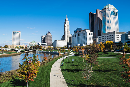 A view of downtown Columbus and the Scioto Mile looking north into the city.