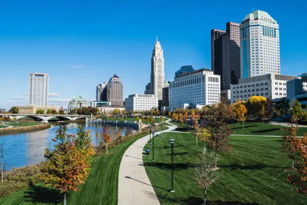 A view of downtown Columbus and the Scioto Mile looking north into the city.