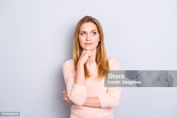 Skin Skincare Care Pampering Trend Hairstyle People Person Want Wish Desire Concept Portrait Of Thoughtful Concentrated Focused Interested Woman Making Plans About Future Isolated On Gray Background Stock Photo - Download Image Now