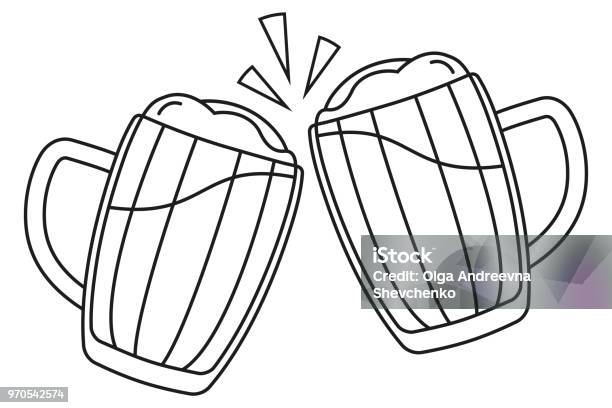 Line Art Black And White Two Beer Mug Stock Illustration - Download Image Now - Friendship, Icon Symbol, Alcohol - Drink