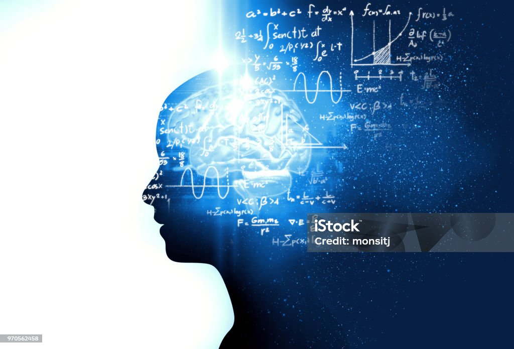 silhouette of virtual human on handwritten equations 3d illustration silhouette of virtual human on handwritten equations 3d illustration  , represent artificial 
technology and creativity education. Mathematics Stock Photo