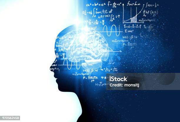 Silhouette Of Virtual Human On Handwritten Equations 3d Illustration Stock Photo - Download Image Now
