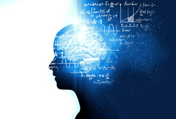 silhouette of virtual human on handwritten equations 3d illustration - matemática imagens e fotografias de stock