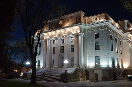 The Yavapai County Courthouse in Prescott, Arizona photographed at night