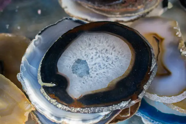A cross section of Agate gemstone as natural mineral rock