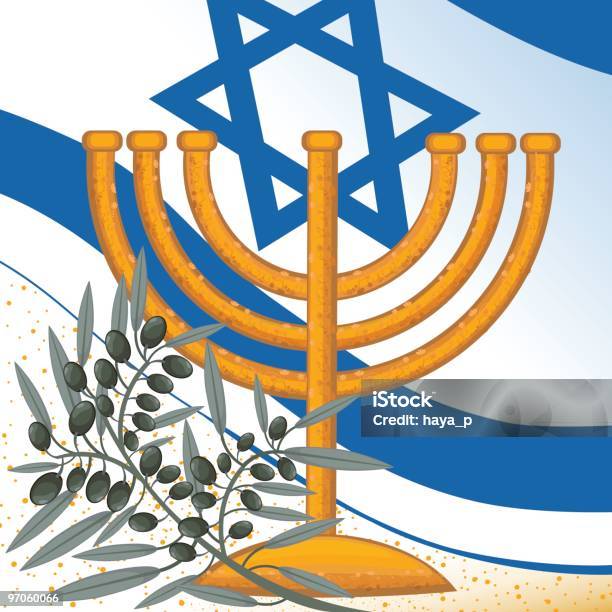 Ilustración de Golden Menorah Y Olive Branch Sobre Fondo De Bandera Israelí y más Vectores Libres de Derechos de Aceituna