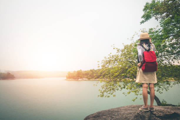 istock Female tourists in beautiful nature in tranquil scene. 970603048