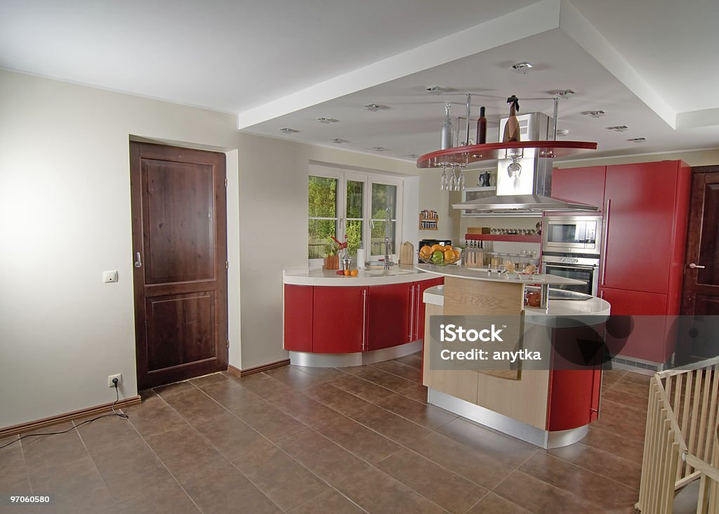 Red modern kitchen  Apartment Stock Photo