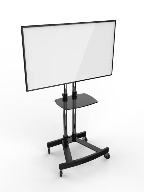 istock Mobile Blank White Screen TV Trolley Stand Mount Cart Exhibition LED Advertising Display. 3d render illustration. 970617426