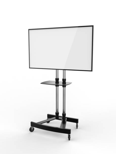 istock Mobile Blank White Screen TV Trolley Stand Mount Cart Exhibition LED Advertising Display. 3d render illustration. 970617430