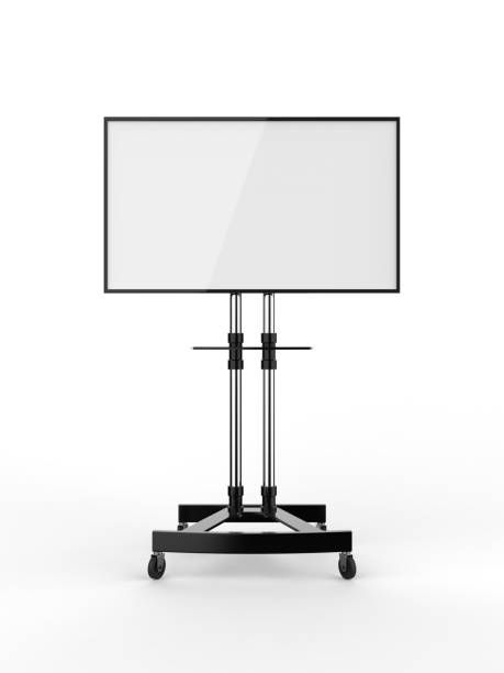 istock Mobile Blank White Screen TV Trolley Stand Mount Cart Exhibition LED Advertising Display. 3d render illustration. 970617434