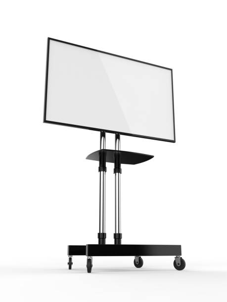 istock Mobile Blank White Screen TV Trolley Stand Mount Cart Exhibition LED Advertising Display. 3d render illustration. 970617438