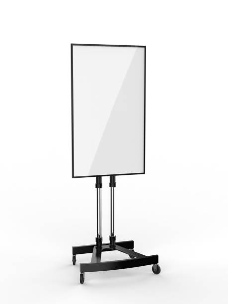 istock Mobile Blank White Screen TV Trolley Stand Mount Cart Exhibition LED Advertising Display. 3d render illustration. 970617440