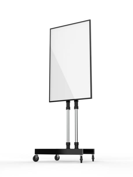 istock Mobile Blank White Screen TV Trolley Stand Mount Cart Exhibition LED Advertising Display. 3d render illustration. 970617468