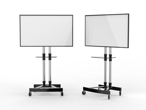 pantalla blanca en blanco móvil carro tv stand montaje carro salón led publicidad. ilustración de render 3d. - estar de pie fotografías e imágenes de stock