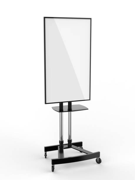 istock Mobile Blank White Screen TV Trolley Stand Mount Cart Exhibition LED Advertising Display. 3d render illustration. 970617478