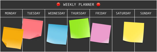 ilustraciones, imágenes clip art, dibujos animados e iconos de stock de planificador semanal con notas de memoria. ilustración de vector. - calendar routine personal organizer week