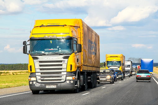 Tatarstan, Russia - August 27, 2011: Semi-trailer truck Scania R380 at the interurban road.