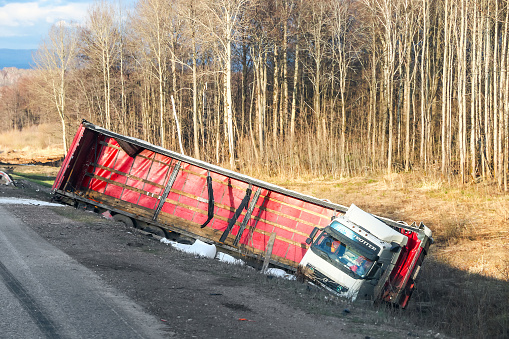Bashkortostan, Russia - May 4, 2018: Semi-trailer truck Volvo FH12 crashed at the interurban freeway.