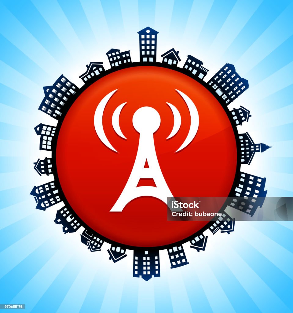 Radio Tower  on Rural Cityscape Skyline Background Radio Tower  on Rural Cityscape Skyline Background. The button is in the center of the illustration. a detailed 100% vector rural cityscape skyline is placed around the circumference of the button and includes various houses, single family homes, residential condominium and other suburb buildings. There is a blue sky background with a star burst glow rendered behind the buildings. The image is ideal for displaying rural suburban life concepts and ideas. Community stock vector