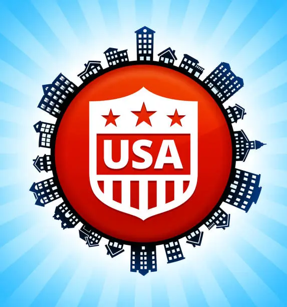 Vector illustration of USA Shield on Rural Cityscape Skyline Background